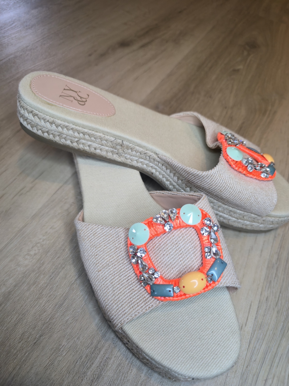 New York & Company Beige Espadrille Slide with Neon Coral Embellishment